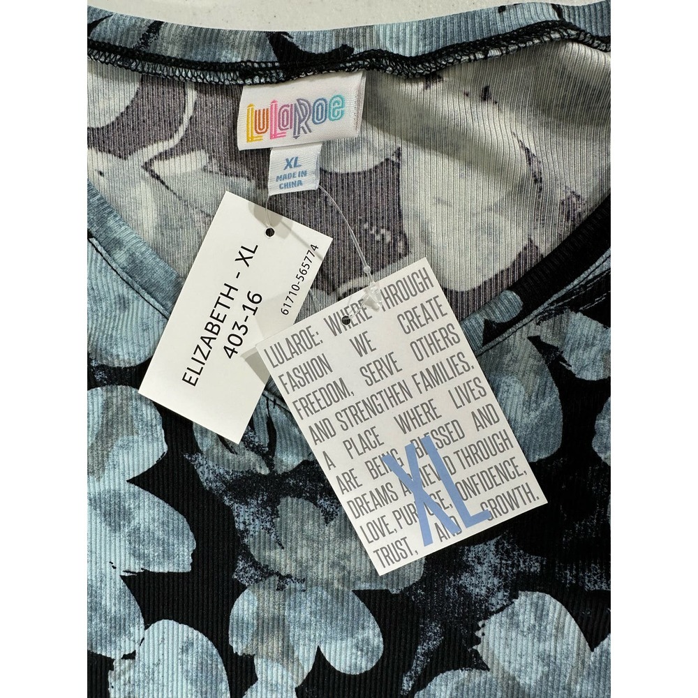 LulaRoe Womens Elizabeth Tunic XL Ribbed Black Blue Floral Watercolor - Picture 3 of 7